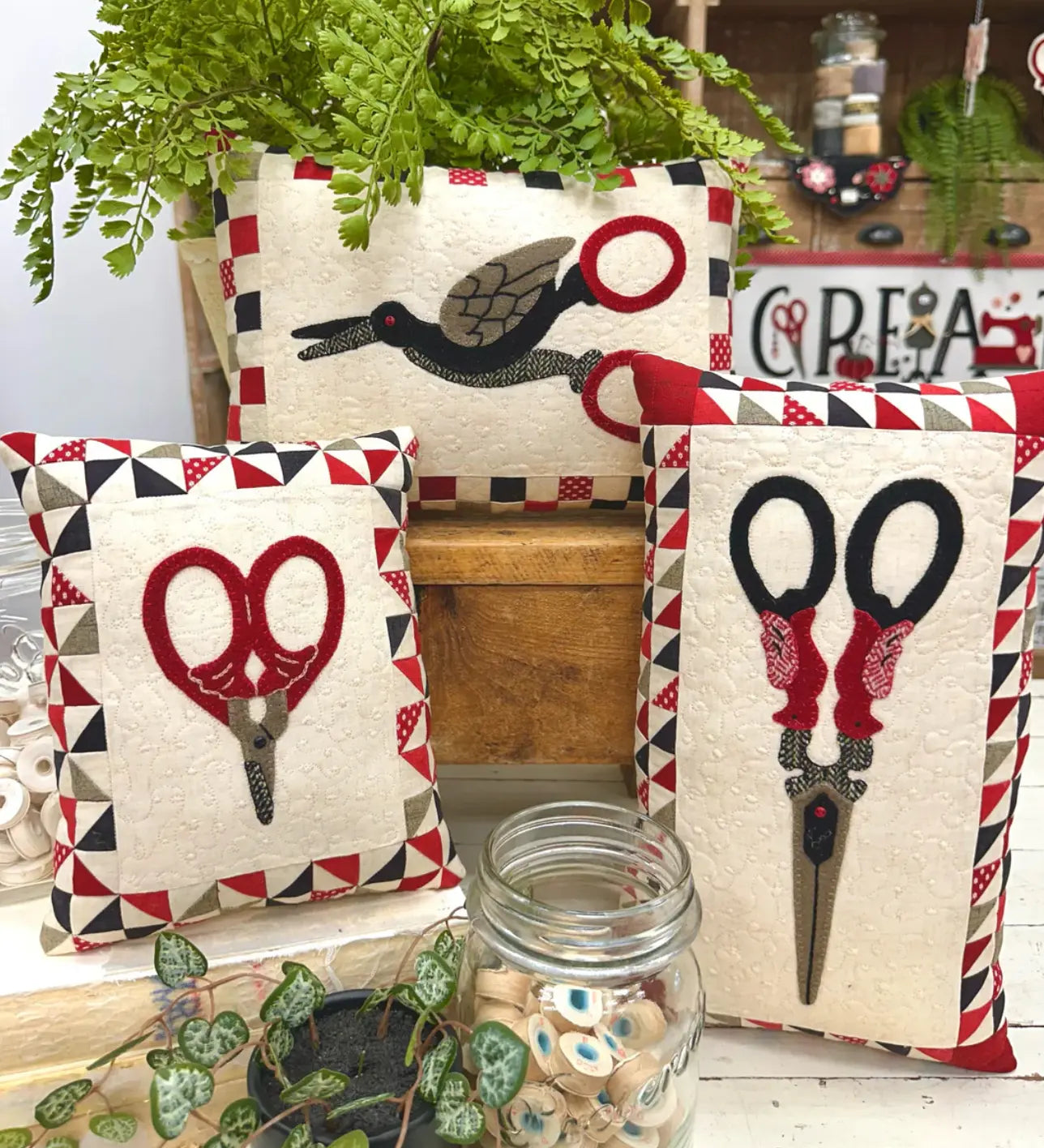 3 Vintage Scissor Pillows Wool Applique by Buttermilk Basin Buttermilk Basin