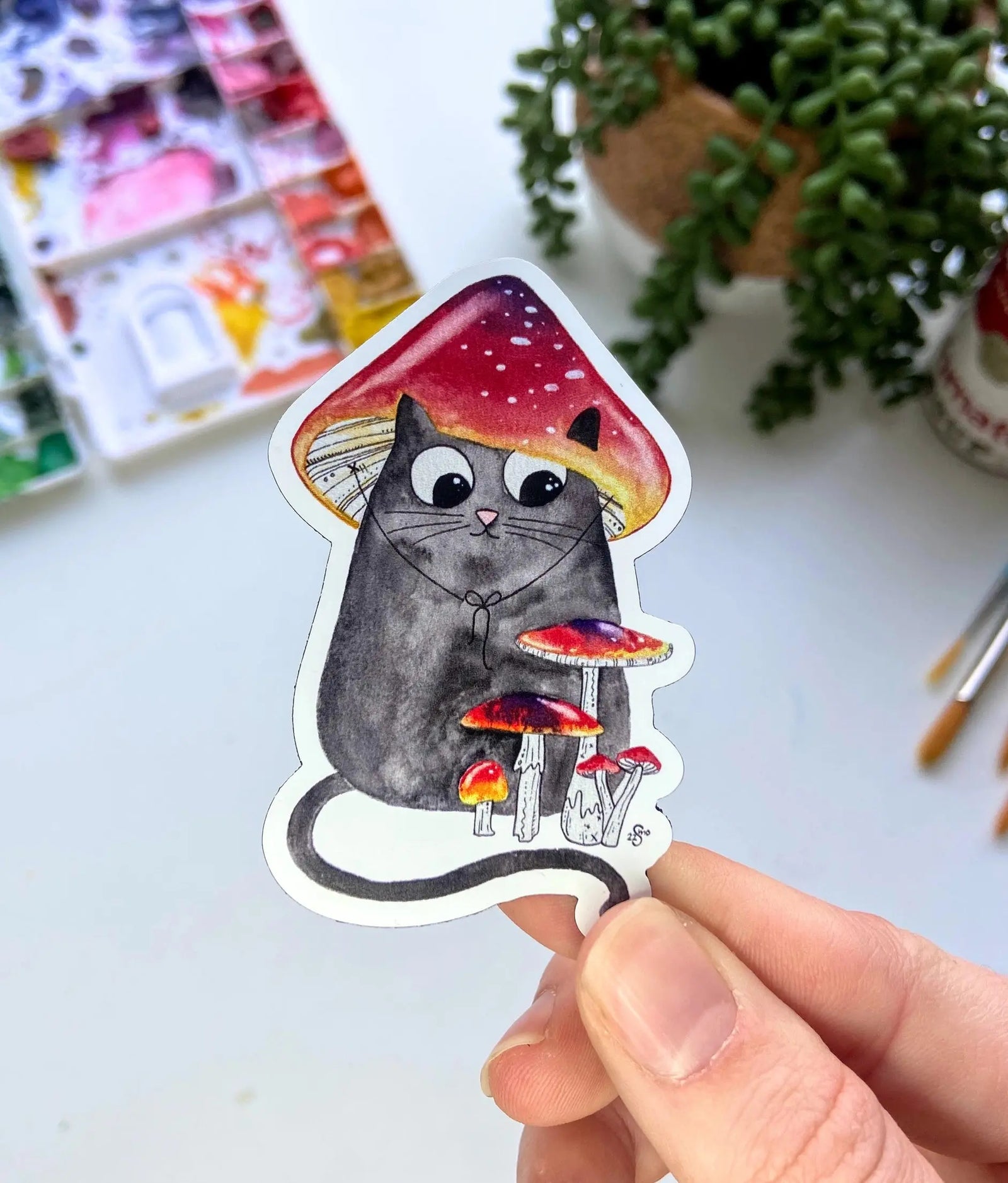 Sticker - Black Cat Mushroom Owlfeathers Watercolor