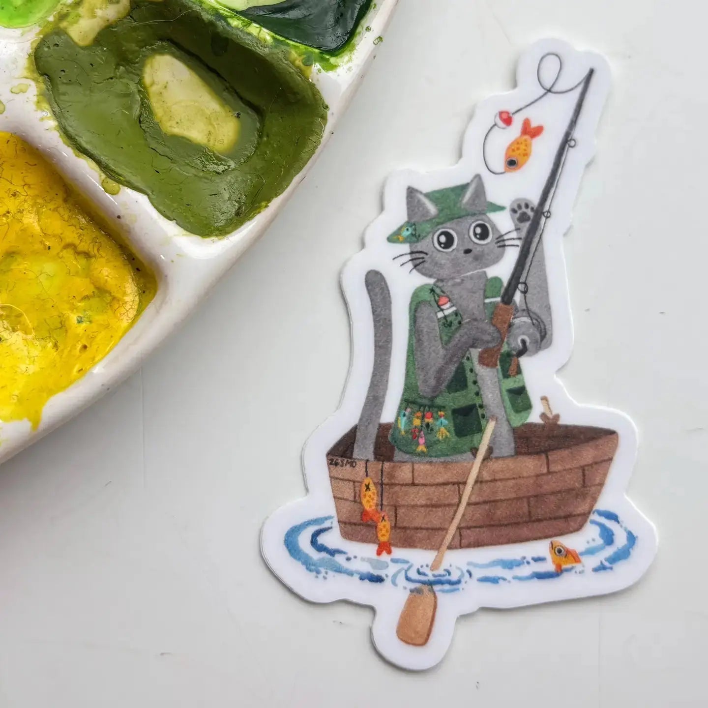 Sticker - Fishing Kitty Owlfeathers Watercolor