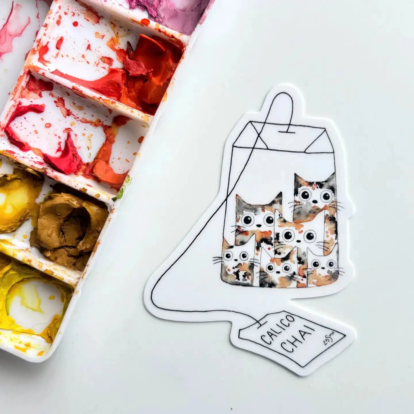 Sticker - Kitty Tea Bag Owlfeathers Watercolor
