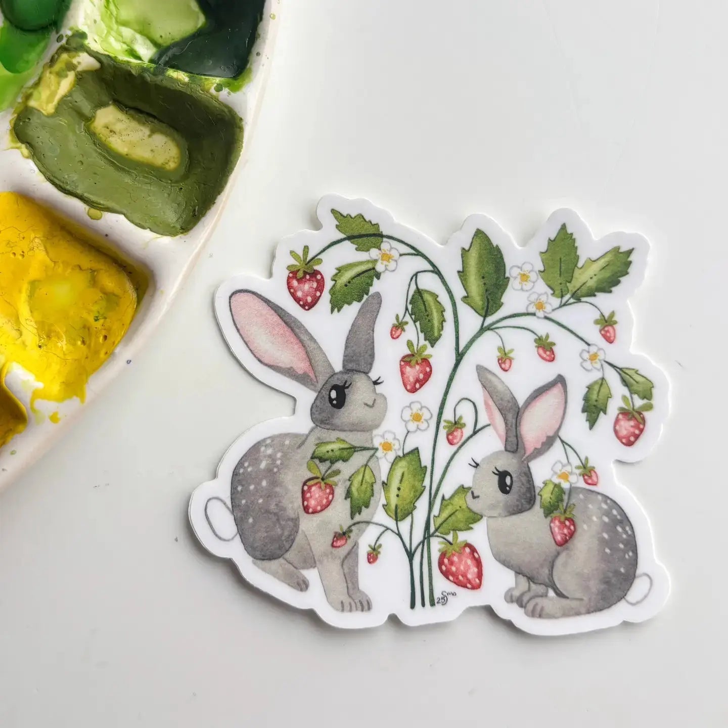 Sticker - Rabbit Strawberry Patch Owlfeathers Watercolor