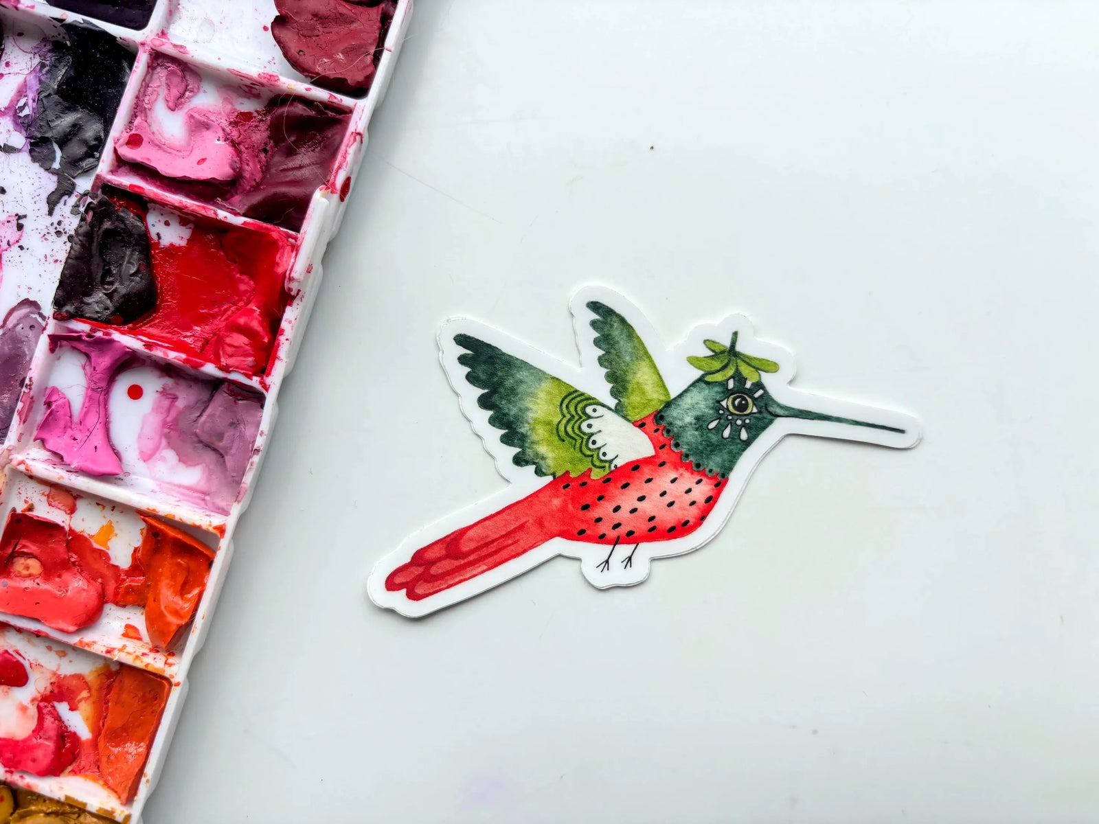 Sticker - Strawberry Hummingbird Owlfeathers Watercolor
