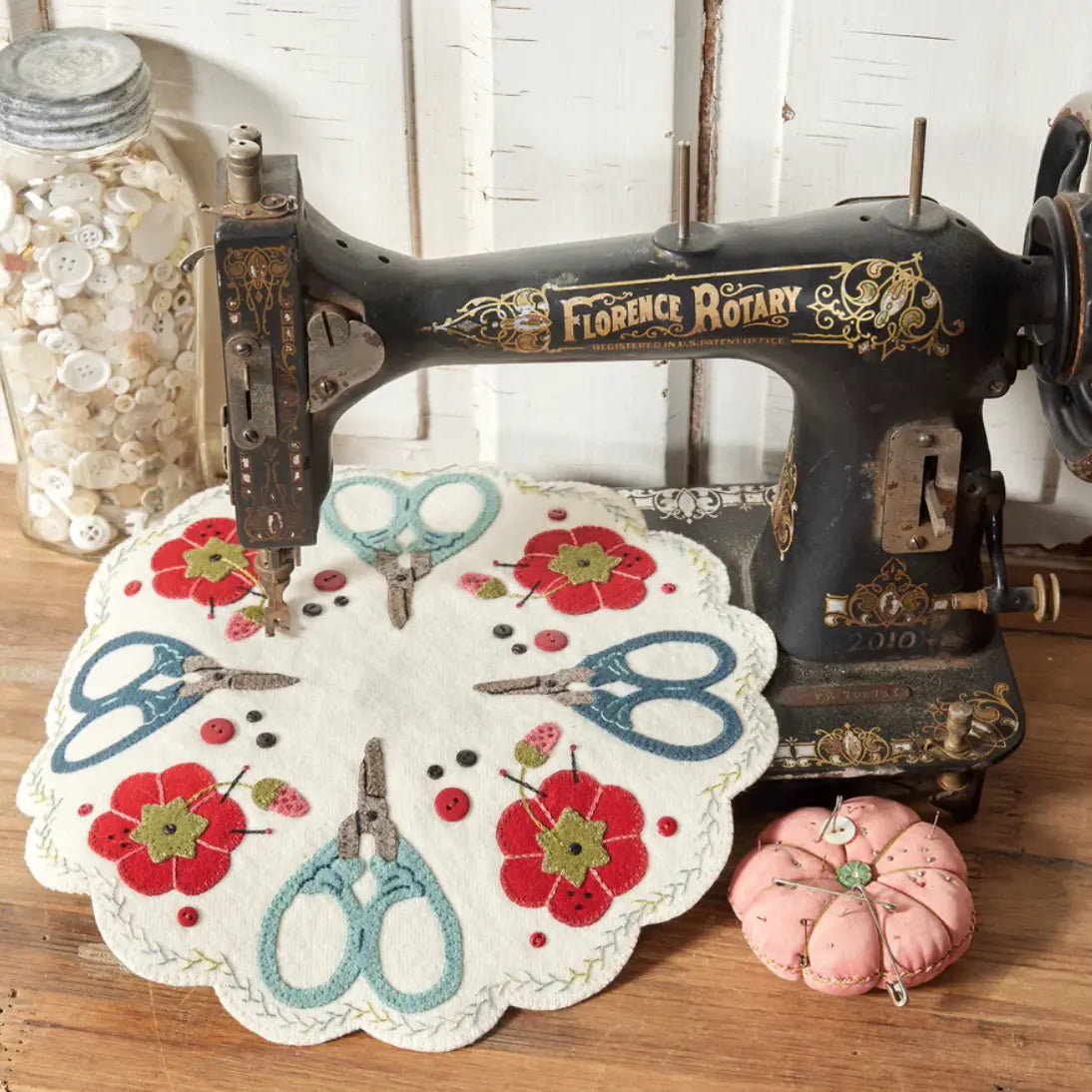 Vintage Scissors & Tomato Pin Cushion Mat Wool Applique by Buttermilk Basin Buttermilk Basin
