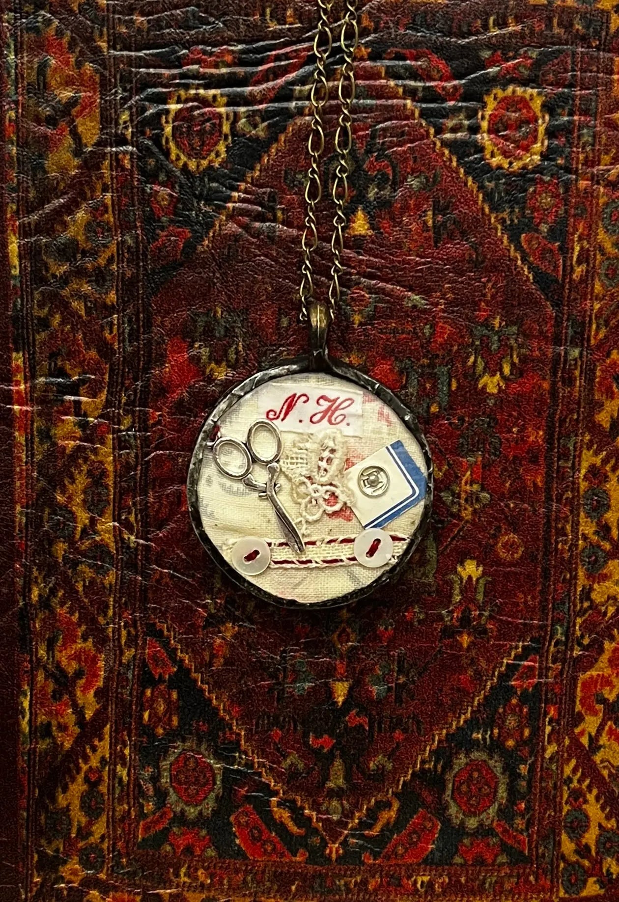 Vintage Stitching Necklace Collage (N Silver) by The Queen Bee Handmade The Queen Bee Handmade