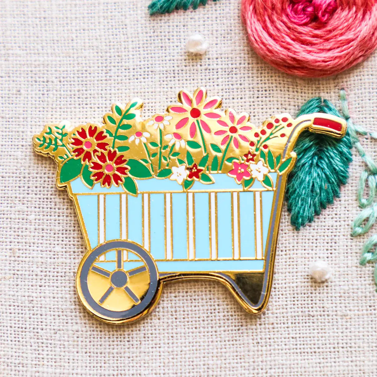 Spring Floral Wheelbarrow Needle Minder by Flamingo Toes Flamingo Toes